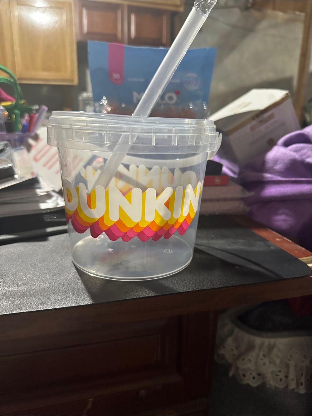 Dunkin Clear Plastic Reusable Cup with Lid & Straw - Yellow/Pink Accent